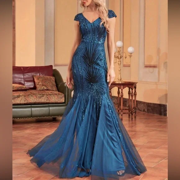 Luxe mermaid hem mesh sequins party formal dress - Picture 6 of 6